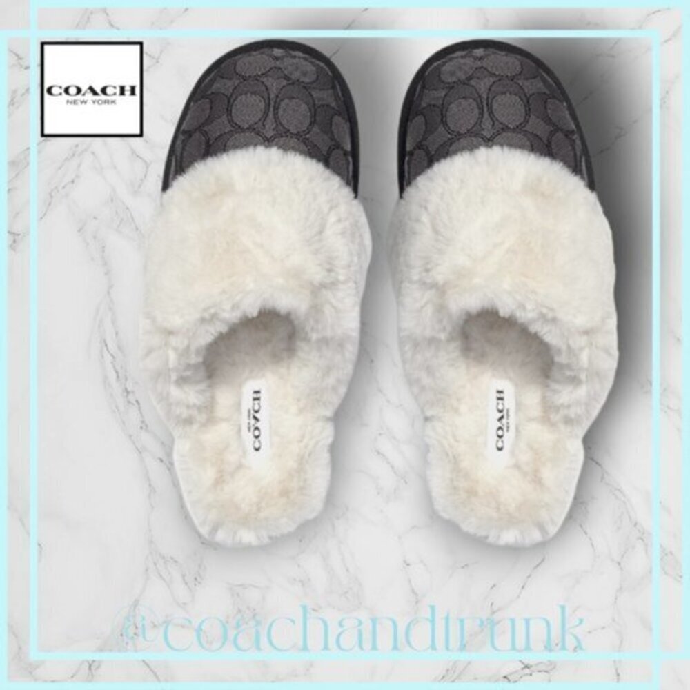COACH‎ Charcoal Jacquard and Faux Fur Slippers Super Comfortable